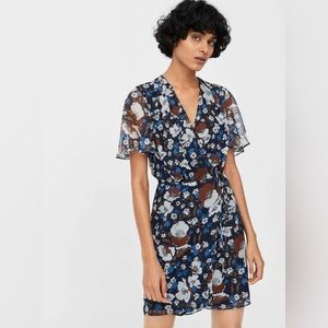 Mango navy blue floral flowy wrap mini dress